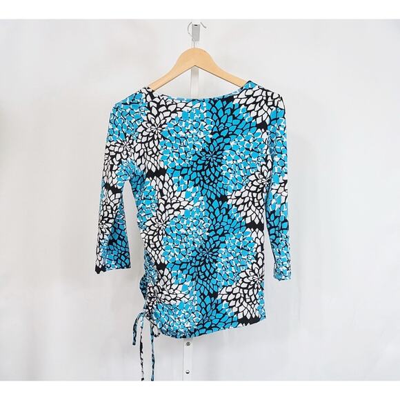 Amber Sun Top Turquoise Black White Floral Print Side Tie Top Misses Size L - Picture 4 of 7